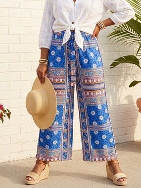 Rachel Zoe Printed Wide Leg Pants Boho Resortcore Coastal Chic High Waisted L